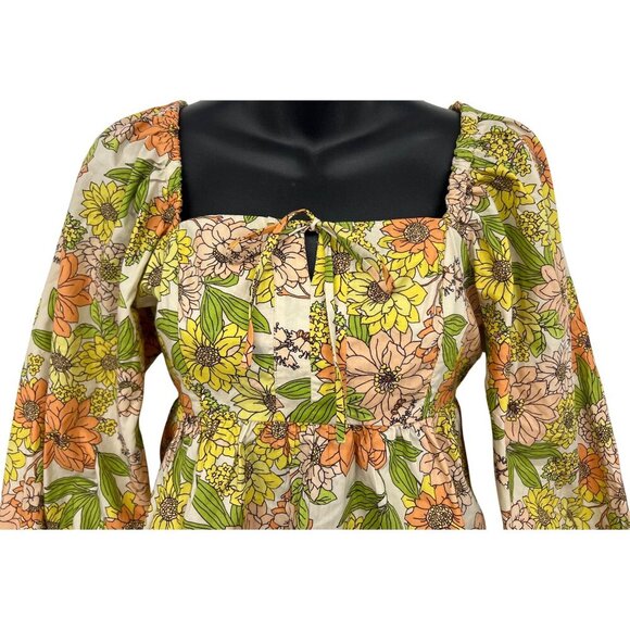 J.Crew Womens Floral Print Peplum Top Long Sleeve Square Neck Cotton Size 2 New - Picture 2 of 9